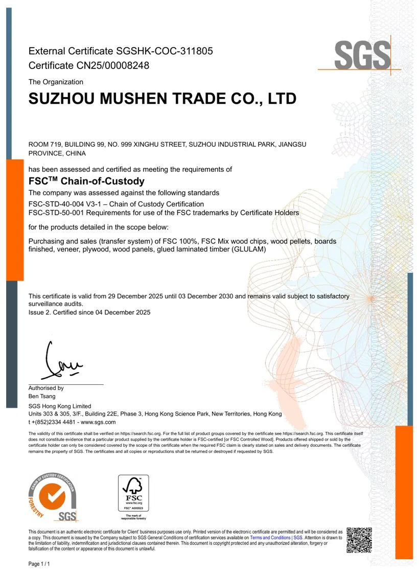 MUSHEN FSC Chain-of-Custody certificate issued by SGS